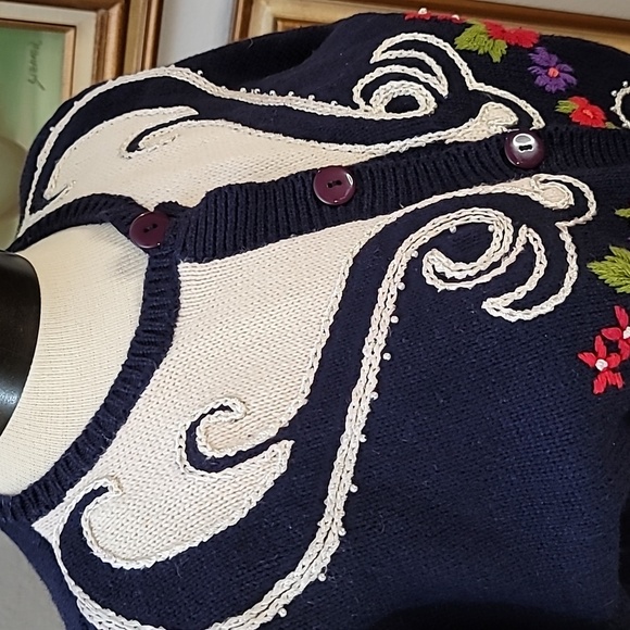 HERMAN GEIST hand embroidered coastal granny cardigan sweater size large blue - Picture 5 of 16